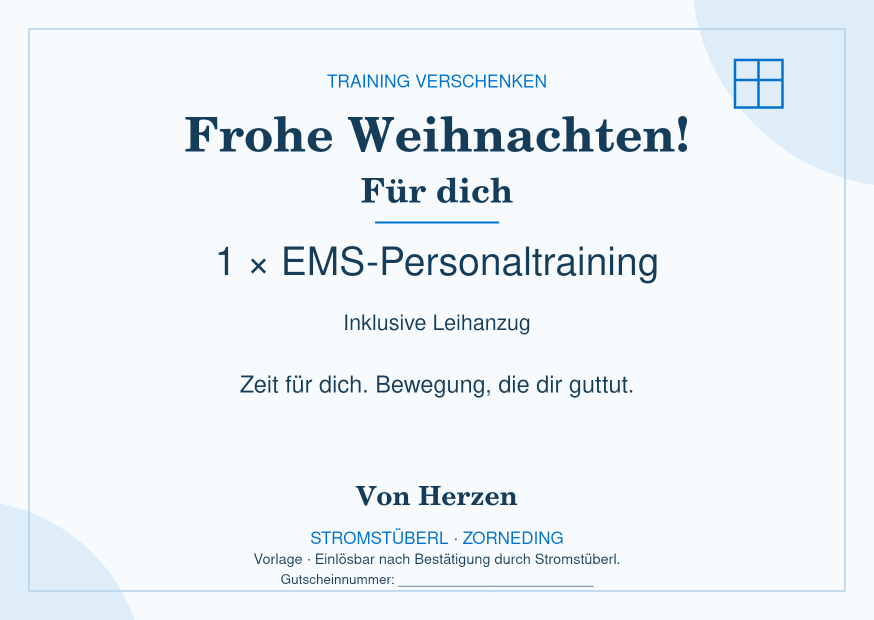 Beispiel einer Trainingsgutscheinvorlage, einlösbar nach Bestätigung durch das Stromstüberl